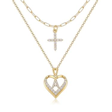 Imagem de YOVIEE Colar com letra inicial para mulheres, banhado a ouro 14 K, zircônia cúbica, coração, conjunto de colar com pingente de cruz, colar, moderno, fofo, gargantilha, colar, joia presente para ela
