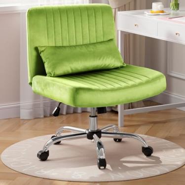Imagem de Warmiehomy Cadeira de mesa cruzada com rodas, cadeira de escritório com pernas cruzadas de veludo para escritório em casa, cadeira giratória ajustável para computador, cadeira de vaidade Morden, verde