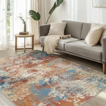 Imagem de BEIMO Tapete lavável à máquina de 15 x 23 cm para quarto, sala de estar, sala de jantar, tapetes macios abstratos, neutros, modernos, abstratos, tapete de pilha baixa com suporte de borracha