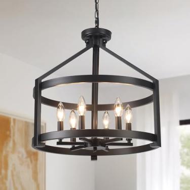 Imagem de Lustre preto de fazenda para sala de jantar, lustres modernos de tambor suspenso de 6 luzes, luminária pendente de teto conversível rústica de 50,8 cm para cozinha, ilha, hall de entrada, quarto
