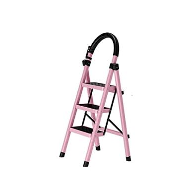 Imagem de Escada portátil de 3 degraus dobrável para interior antiderrapante com aderência de borracha capacidade de 250 kg escada de liga de alumínio multifuncional para casa com suporte de ferramentas (cor