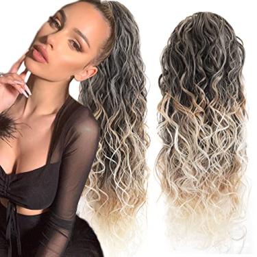 Imagem de Extensões de rabo de cavalo loiro com cordão longo encaracolado - rabo de cavalo de cabelo natural real falso trançado loiro clipe em extensões de rabo de cavalo sensação de cabelo humano cordão rabo