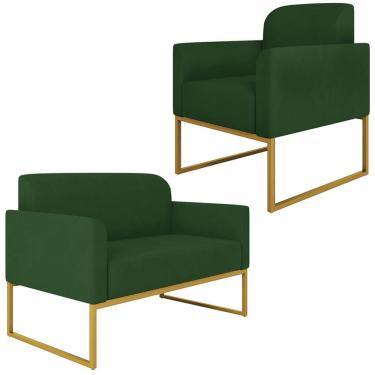 Imagem de Conjunto Namoradeira e Poltrona Decorativa Isabella Base Industrial Suede Verde/Dourado - Gran Belo
