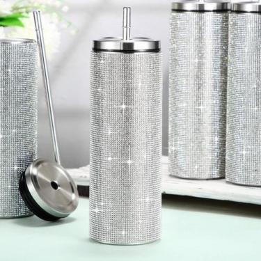 Imagem de Garrafa Copo Térmica Água Suco Café 600ml Com Brilho Strass Canudo de 