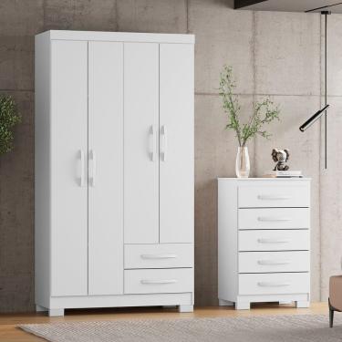 Imagem de Guarda-roupa Solteiro 4 Portas 2 Gavetas e Cômoda 5 Gavetas Itapema Branco