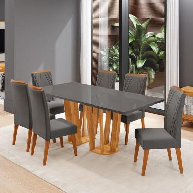 Imagem de Conjunto Sala de Jantar 6 Lugares Tampo de Vidro/mdf Espacio Mel/Grafite/Cinza