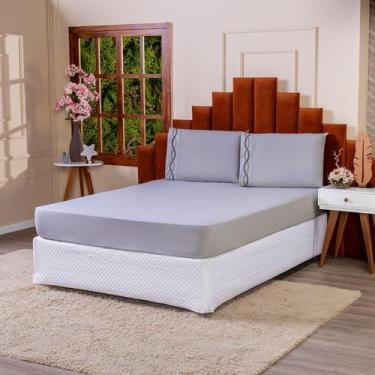 Imagem de Jogo De Lençol Bordado Queen  Percal Puro Algodão Cinza - Lu Enxovais,