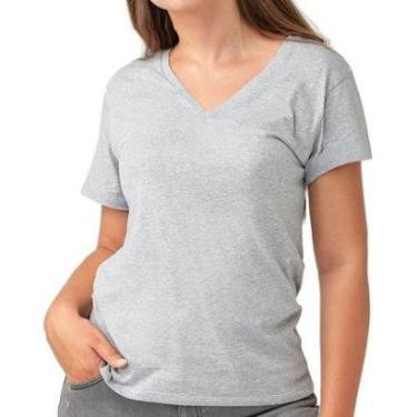 Imagem de Baby Look Gola V Camiseta Feminina Básica Blusinha Algodão - Azul Escuro Marinho - GG-Feminino