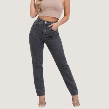 Imagem de Calça Mom Jeans Feminina Cintura Alta Cinza Grafite Premium - NoBrand,