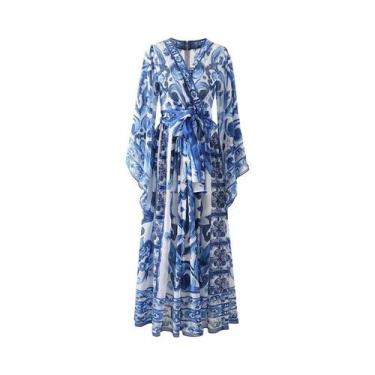 Imagem de Vestido Feminino Vermelho, Azul E Branco Com Estampa De Porcelana, Est