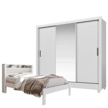 Imagem de Cama Casal Invicta com Guarda Roupa com Espelho Italia Branco Brilho- 