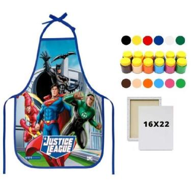 Imagem de Kit Avental Escolar PVC Liga da Justiça + Tela de Pintura 16x22 + Guac