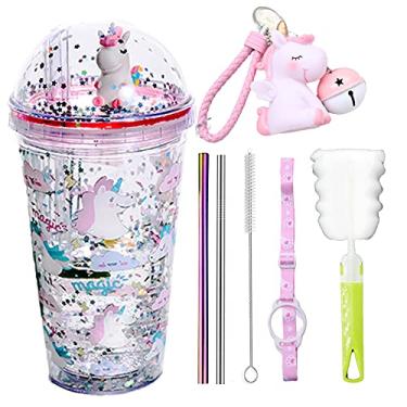 Imagem de seelucky Copo de viagem infantil unicórnio com canudo copo de gelo caneca menina para piquenique festa aniversário (unicórnio branco, 430 ml)