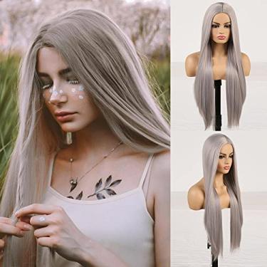 Imagem de Perucas femininas sintéticas afro crespo cor laranja ondulado natural peruca longa para mulheres negras e brancas cabelo de fibra de alta temperatura Perucas de cabelo humano (cor: cinza, comprimento esticado: 55,88 cm)