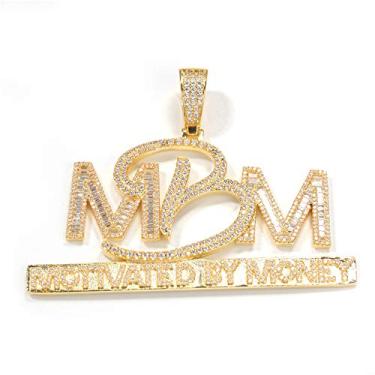 Imagem de Colar ICEDIAMOND 14K Grande Diamante MBM Motivado Por Dinheiro, Pingente de Strass Bling de Gelo com Corrente de Tênis, Jóias Hip Hop para Homens Mulheres (Gold,20''Tennis)