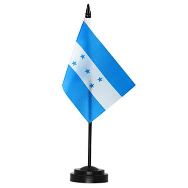 Imagem de Conjunto de bandeira de mesa de luxo Anley Honduras - bandeira de mesa HN HND miniatura hondurenha de 6 x 4 polegadas com poste sólido de 12" - cor vívida e resistente ao desbotamento - base preta e topo de lança
