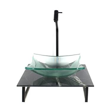 Imagem de KIT CUBA DE VIDRO QUADRADA 10MM INCOLOR COM TAMPO DE VIDRO 40CM X 40CM MÁRMORE PRETO E SUPORTE PRETO