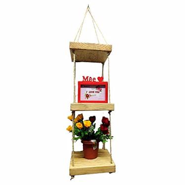 Imagem de Prateleira Quadrada Tripla de Madeira com Sisal - Cor Mel (24x24x4cm)