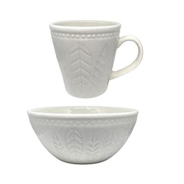 Imagem de Conjunto Kit Bowl Tigela Caneca Café Cerâmica Folhas Yoi