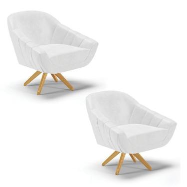 Imagem de Kit 02 Poltronas Giratória Corano Branco Base Madeira Ma30