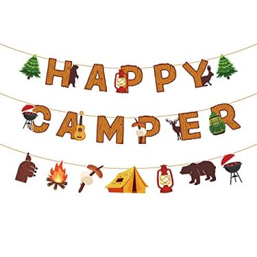 Imagem de Banner de festa de acampamento feliz camper banner de casa divertida com barraca de acampamento lâmpada de óleo aventura acampamento decorações de festa de aniversário