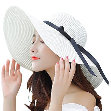 Imagem de Itopfox Chapéu de sol feminino de aba grande, flexível, dobrável, com laço, chapéu de palha, chapéu de praia de verão, Láctea, Tamanho Único