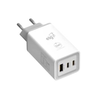 Imagem de Carregador Universal de Parede Carga Rápida 65W GaN, Quick Charge e Power Delivery, 2 Saídas USB-C + 1 Saída USB-A, Bivolt Automático, Branco, W65GAN, ELG