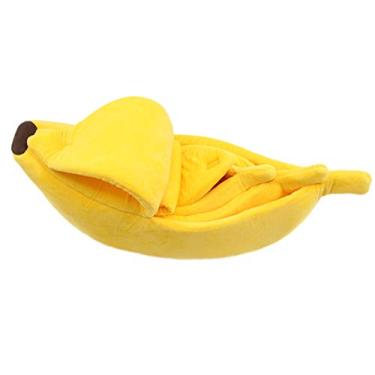 Imagem de Saco de dormir fofo em forma de banana POPETPOP, cama quente para cães e gatos, ninho de casa, cama removível e lavável para filhotes e animais pequenos - Tamanho G (amarelo)