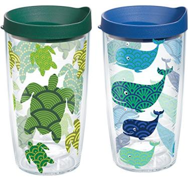 Imagem de Tervis Copo com padrão de tartaruga e baleia feito nos EUA com parede dupla, mantém as bebidas frias e quentes, 473 ml - pacote com 2, transparente