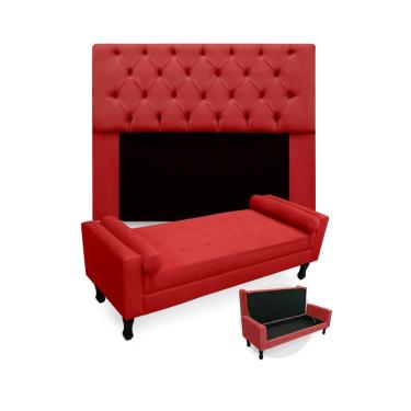 Imagem de Kit Cabeceira Estofada Mirage E Recamier Baú Fenix Queen 160 cm Suede Vermelho - LM DECOR