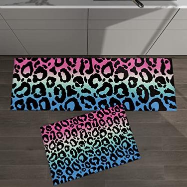 Imagem de Conjunto de 2 tapetes de cozinha gradiente rosa azul leopardo padrão para tapetes acolchoados no chão e tapetes antiderrapante absorvente corredor confortável tapete de pé