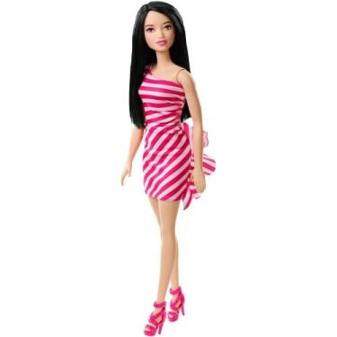Imagem de Boneca Barbie Fashion Morena Com Vestido Listrado Rosa T7580 - Mattel