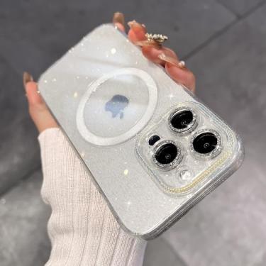 Imagem de Lente de luxo vidro diamante glitter claro caso de telefone para iphone 11 12 13 14 pro max capa magnética transparente macia, branco, para iphone 13