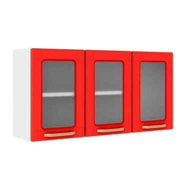 Imagem de Módulo Cozinha Bertolini Colors Armário 6010 3 Portas C/vidro Branco/vermelho