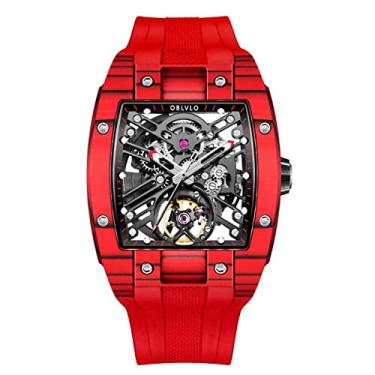 Imagem de OBLVLO Marca de luxo Relógio masculino esportivo Quadrado Tonneau Esqueleto Aço Fibra de carbono Relógio mecânico automático Pulseira de borracha Relógios EM-ST (EM-ST-RBR)