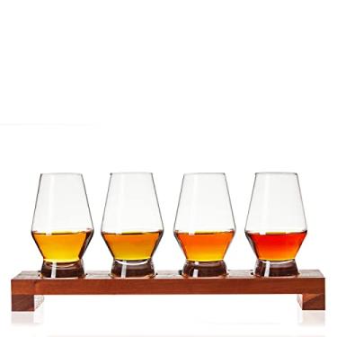 Imagem de Viski Conjunto de voo Spirit Tasting, conjunto de vidro de cristal com bandeja de madeira para bourbon, uísque, gin, conhaque ou licor, utensílios de bebida elegantes para bares domésticos, voos de