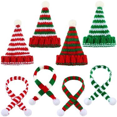Imagem de Geyoga 8 Pcs Christmas Mini Knit Hat and Scarf Christmas Doll Knit Decoration Miniature Santa Hat Scarves Doll Clothing Accessories DIY Craft for Xmas Tree Dog Costume for Gift Decoration (Stripe)
