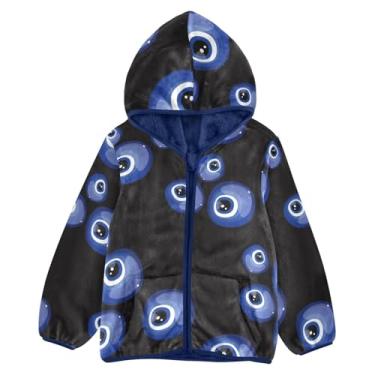 Imagem de KLL Evil Eyes Casaco com capuz preto listrado sherpa forrado criança menino jaqueta com zíper azul marinho bebê zíper lã 3T, Olho turco, listrado, preto, 4 Anos