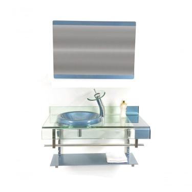 Imagem de Gabinete De Vidro Para Banheiro Inox 90cm Curvado Duplo Azul