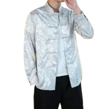Imagem de Camisa de seda masculina de cetim lisa lisa camisa de smoking business chemise casual camisas chinesas, Prata, P