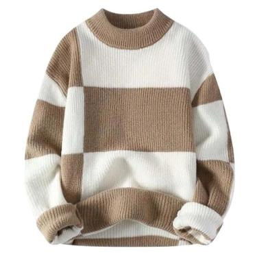 Imagem de Suéter masculino xadrez de outono gola redonda casual universitário suéter de inverno tricô masculino roupas combinando com tudo, Caqui, Medium