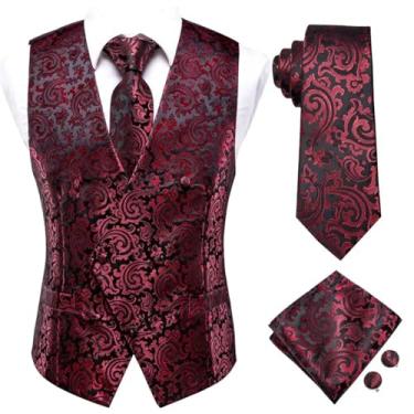 Imagem de BoShiNuo Conjunto de 4 peças slim colete gravata lenço abotoaduras seda masculino colete pescoço conjunto para terno vestido casamento Paisley Floral Coletes, 0051, Small