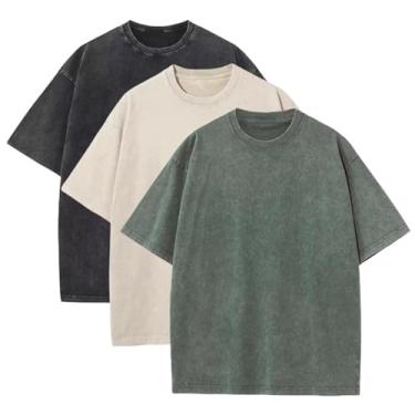 Imagem de Pacote com 3 camisetas masculinas grandes de algodão pesado camiseta vintage ajuste solto manga curta camisas casuais para homens.., Preto + bege + verde militar, G