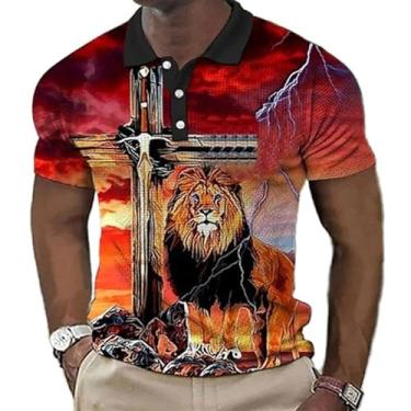 Imagem de Camisa polo masculina de manga curta com estampa de leão animal e design elegante de botão, Zphq65986, 3G