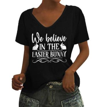 Imagem de Camiseta feminina de manga curta Happy Easter Day, suéter fofo de coelho, gola redonda, camisa moderna para mulheres 2024, Preto, 3G