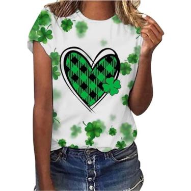 Imagem de Camiseta feminina St. Patrick's com estampa de coração trevo túnica verde Lucky Mama, Branco, GG