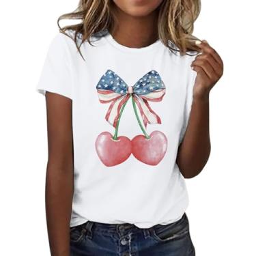 Imagem de Camiseta feminina Dia da Independência com estampa de laço de cereja e coração blusa de manga curta gola redonda 4 de julho, Branco, P