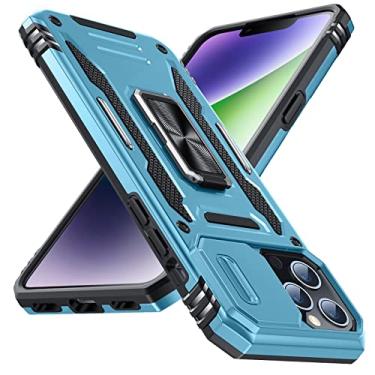 Imagem de YSLBWLE Capa para iPhone 13 Pro com suporte com capa de câmera, proteção de nível militar, suporte de anel de metal, capa amortecedora para iPhone 13 Pro, azul claro 5-IP13p-04