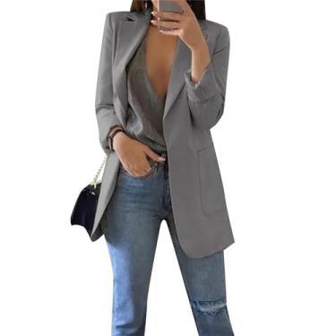 Imagem de BOFETA Blazer feminino cor sólida cardigã casual manga longa blazer plus size com bolsos, Cinza, XXG