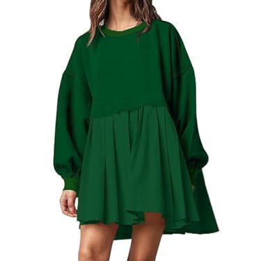 Imagem de Vestido feminino de moletom de manga comprida gola redonda plissado ajuste relaxado pulôver tops largos mini vestidos, Verde, PP